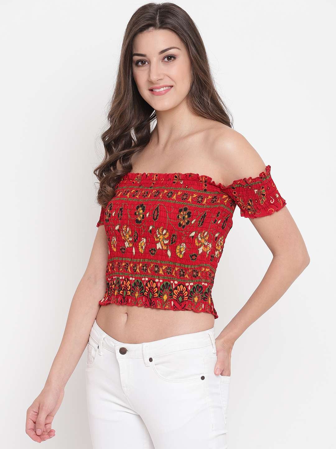 Women's Rayon Printed Off-Shoulder Smocked Crop Top Short Sleeve Casual Styles Tank Top (FREE SIZE) Multi6